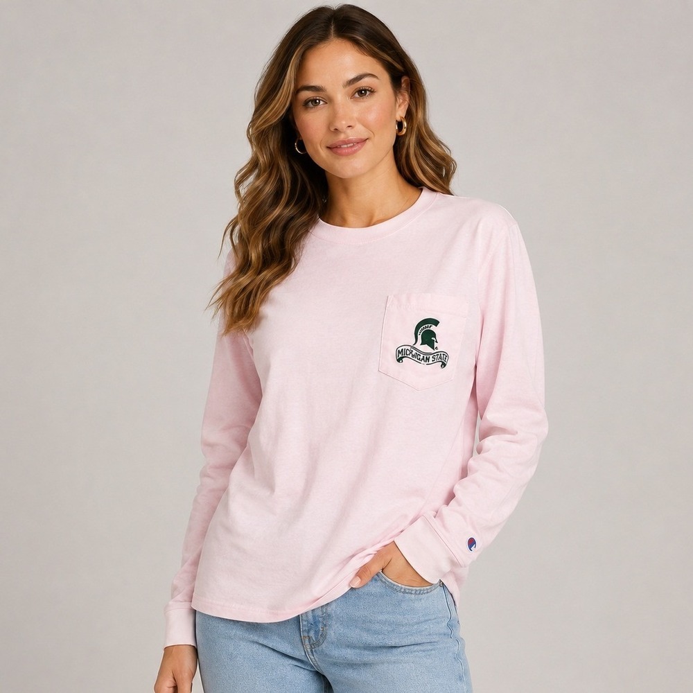 Champion Shirt Women Medium Pink Michigan State Spartans Long Sleeve Pocket Tee
